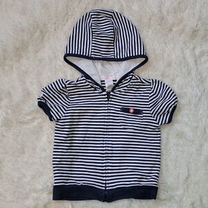 JANIE AND JACK NAVY BLUE & WHITE STRIPED SHORT- SLEEVE HOODIE, SIZE 12-18 MONTHS